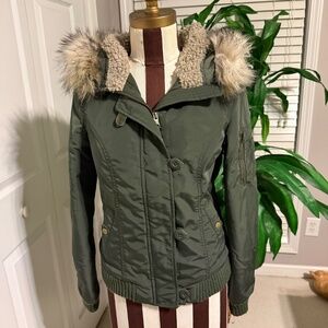 American Eagle Outfitters Army Green Faux Fur Hooded Jacket Coat Parka XS